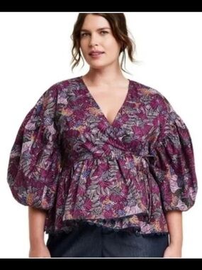Kika Vargas x Target Women's  Scallop Edge Wrap Boho Purple Floral Blouse XL
